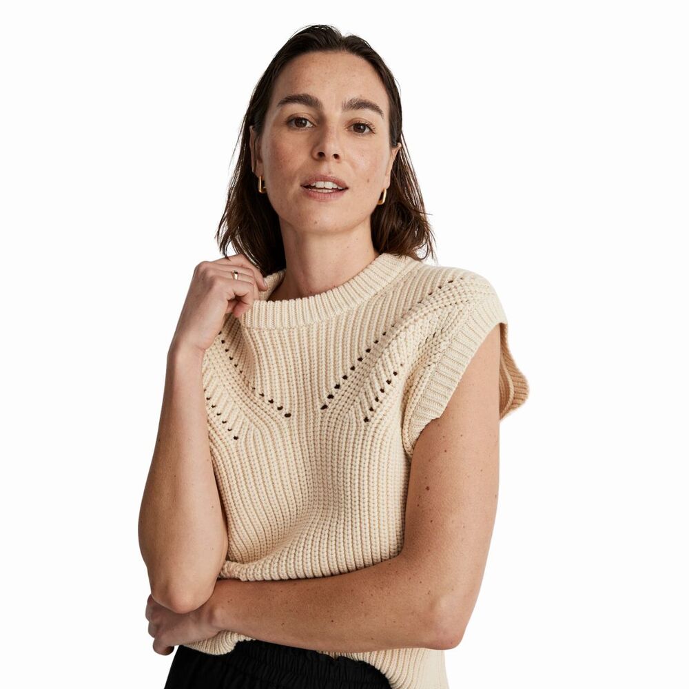 Madewell Womens Sweater Beige Mariella Pointelle Tee Relaxed Fit Sleeveless XL